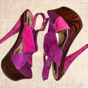 Bakers Vintage Baja Platform Heels Pink Purple Suede Wood Platform Size 6 Y2K